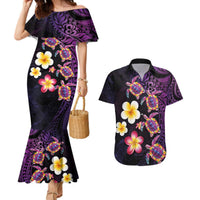 Hawaiian Turtles and Plumeria Couples Matching Mermaid Dress and Hawaiian Shirt Polynesian Art Tribal Tattoo Deep Violet Color LT03 Purple - Polynesian Pride