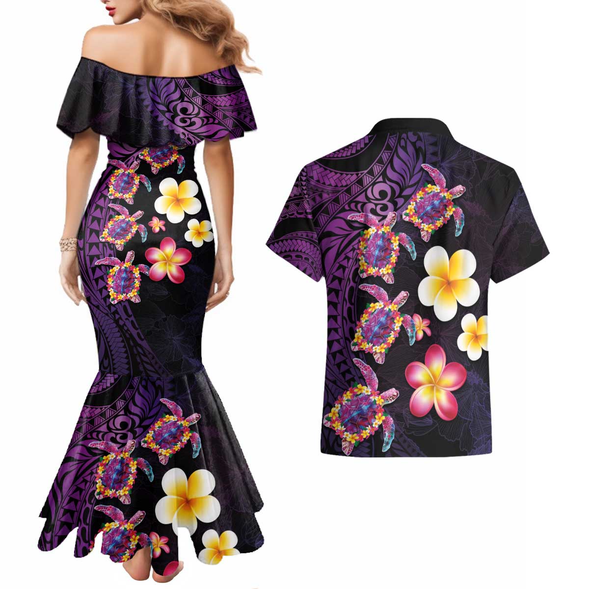 Hawaiian Turtles and Plumeria Couples Matching Mermaid Dress and Hawaiian Shirt Polynesian Art Tribal Tattoo Deep Violet Color LT03 - Polynesian Pride