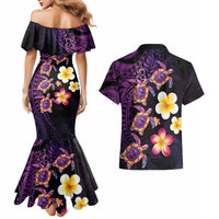 Hawaiian Turtles and Plumeria Couples Matching Mermaid Dress and Hawaiian Shirt Polynesian Art Tribal Tattoo Deep Violet Color LT03 - Polynesian Pride