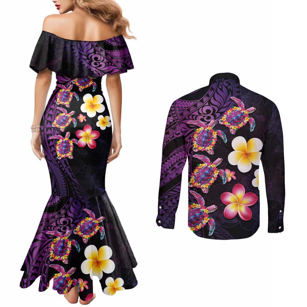 Hawaiian Turtles and Plumeria Couples Matching Mermaid Dress and Long Sleeve Button Shirt Polynesian Art Tribal Tattoo Deep Violet Color LT03 - Polynesian Pride