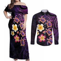 Hawaiian Turtles and Plumeria Couples Matching Off Shoulder Maxi Dress and Long Sleeve Button Shirt Polynesian Art Tribal Tattoo Deep Violet Color LT03 Purple - Polynesian Pride