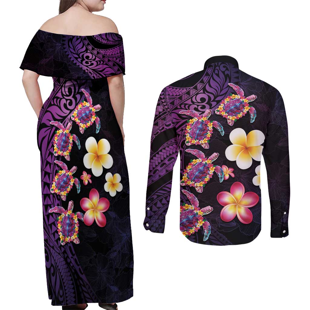 Hawaiian Turtles and Plumeria Couples Matching Off Shoulder Maxi Dress and Long Sleeve Button Shirt Polynesian Art Tribal Tattoo Deep Violet Color LT03 - Polynesian Pride