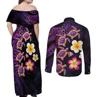 Hawaiian Turtles and Plumeria Couples Matching Off Shoulder Maxi Dress and Long Sleeve Button Shirt Polynesian Art Tribal Tattoo Deep Violet Color LT03 - Polynesian Pride