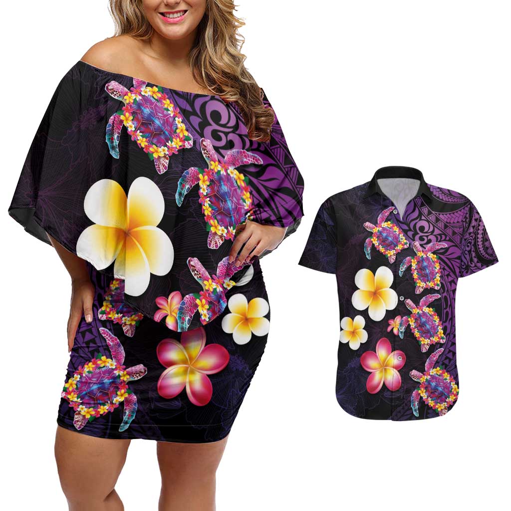 Hawaiian Turtles and Plumeria Couples Matching Off Shoulder Short Dress and Hawaiian Shirt Polynesian Art Tribal Tattoo Deep Violet Color LT03 Purple - Polynesian Pride