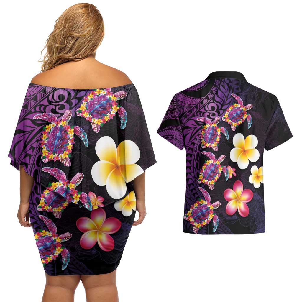 Hawaiian Turtles and Plumeria Couples Matching Off Shoulder Short Dress and Hawaiian Shirt Polynesian Art Tribal Tattoo Deep Violet Color LT03 - Polynesian Pride