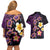 Hawaiian Turtles and Plumeria Couples Matching Off Shoulder Short Dress and Hawaiian Shirt Polynesian Art Tribal Tattoo Deep Violet Color