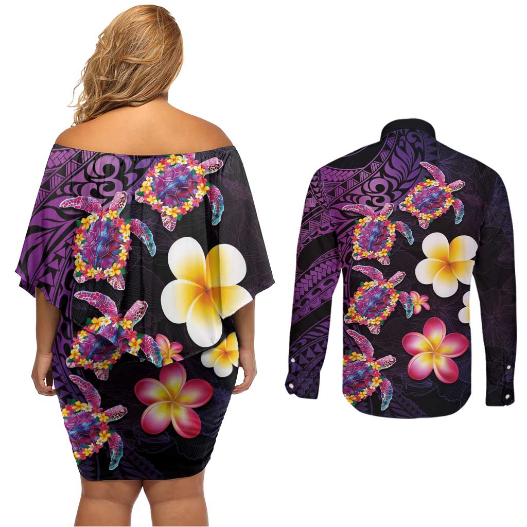 Hawaiian Turtles and Plumeria Couples Matching Off Shoulder Short Dress and Long Sleeve Button Shirt Polynesian Art Tribal Tattoo Deep Violet Color LT03 - Polynesian Pride
