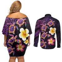 Hawaiian Turtles and Plumeria Couples Matching Off Shoulder Short Dress and Long Sleeve Button Shirt Polynesian Art Tribal Tattoo Deep Violet Color LT03 - Polynesian Pride