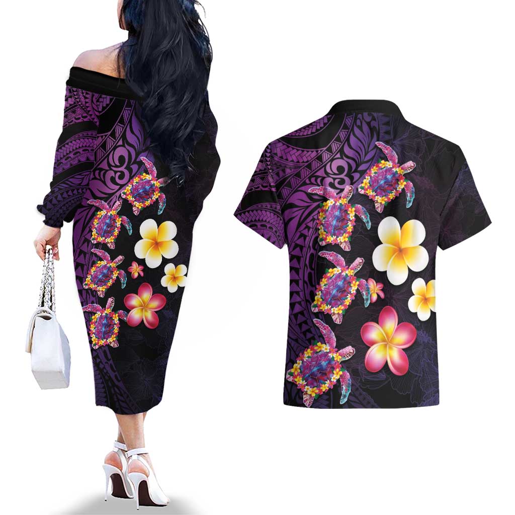 Hawaiian Turtles and Plumeria Couples Matching Off The Shoulder Long Sleeve Dress and Hawaiian Shirt Polynesian Art Tribal Tattoo Deep Violet Color LT03 - Polynesian Pride