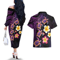 Hawaiian Turtles and Plumeria Couples Matching Off The Shoulder Long Sleeve Dress and Hawaiian Shirt Polynesian Art Tribal Tattoo Deep Violet Color LT03 - Polynesian Pride