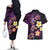 Hawaiian Turtles and Plumeria Couples Matching Off The Shoulder Long Sleeve Dress and Hawaiian Shirt Polynesian Art Tribal Tattoo Deep Violet Color
