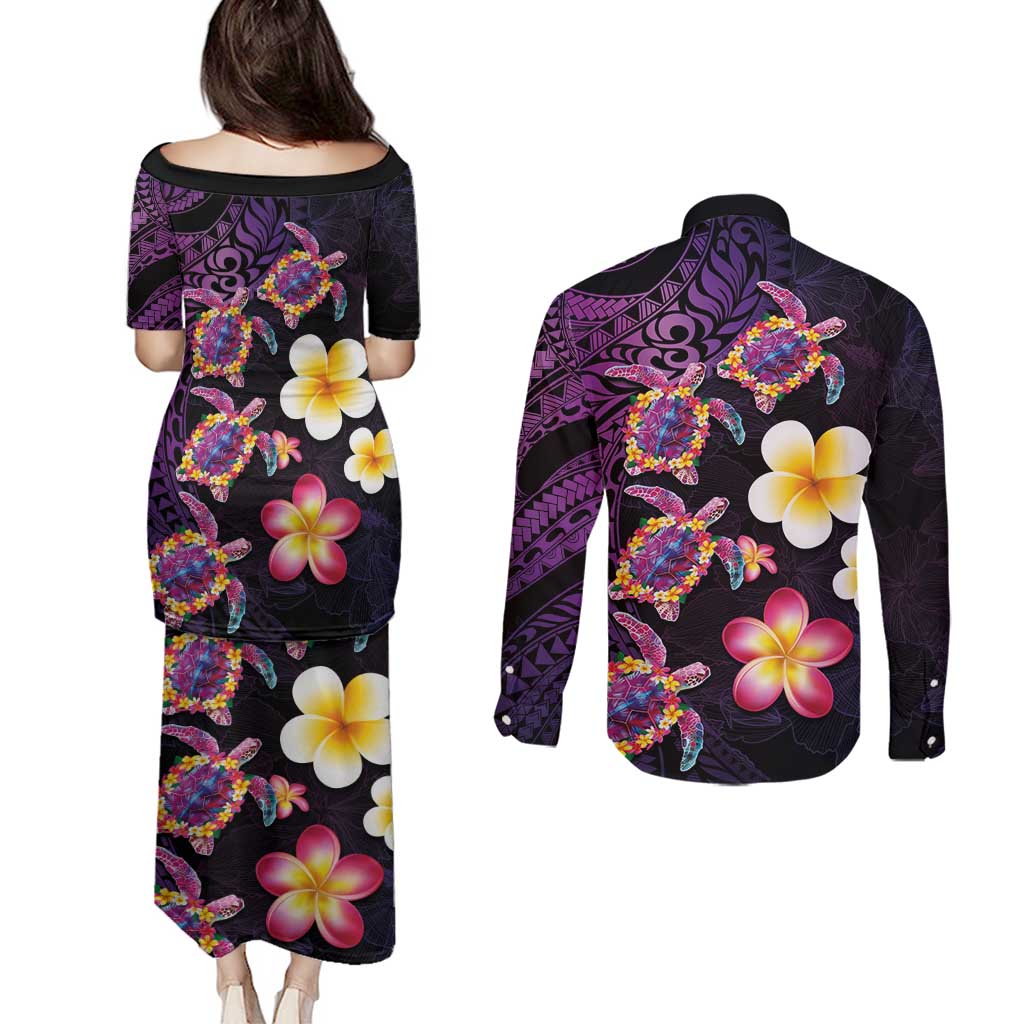 Hawaiian Turtles and Plumeria Couples Matching Puletasi and Long Sleeve Button Shirt Polynesian Art Tribal Tattoo Deep Violet Color LT03 - Polynesian Pride