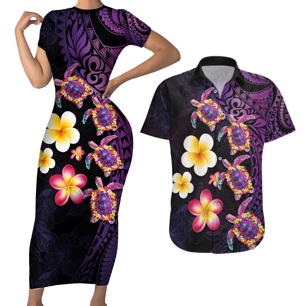 Hawaiian Turtles and Plumeria Couples Matching Short Sleeve Bodycon Dress and Hawaiian Shirt Polynesian Art Tribal Tattoo Deep Violet Color LT03 Purple - Polynesian Pride