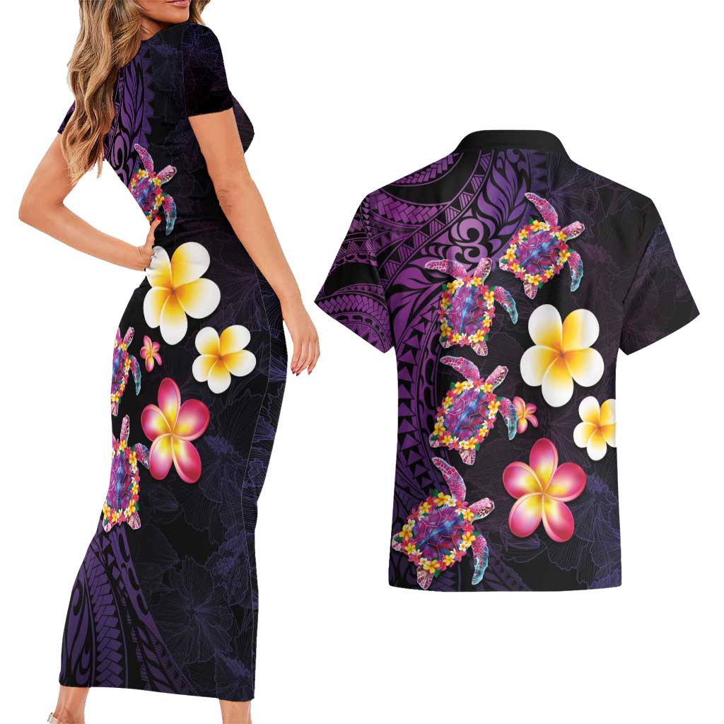 Hawaiian Turtles and Plumeria Couples Matching Short Sleeve Bodycon Dress and Hawaiian Shirt Polynesian Art Tribal Tattoo Deep Violet Color LT03 - Polynesian Pride