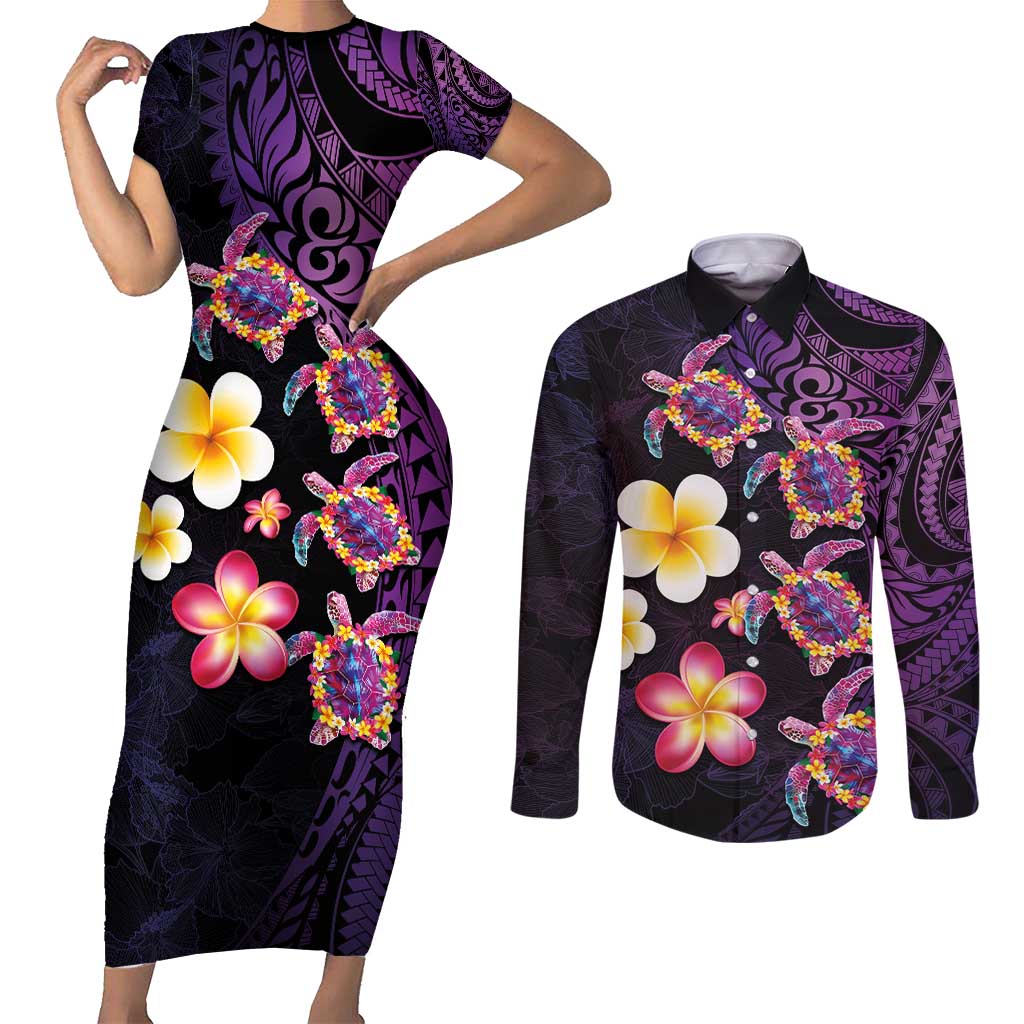 Hawaiian Turtles and Plumeria Couples Matching Short Sleeve Bodycon Dress and Long Sleeve Button Shirt Polynesian Art Tribal Tattoo Deep Violet Color LT03 Purple - Polynesian Pride