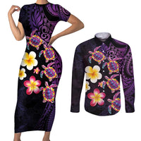 Hawaiian Turtles and Plumeria Couples Matching Short Sleeve Bodycon Dress and Long Sleeve Button Shirt Polynesian Art Tribal Tattoo Deep Violet Color LT03 Purple - Polynesian Pride