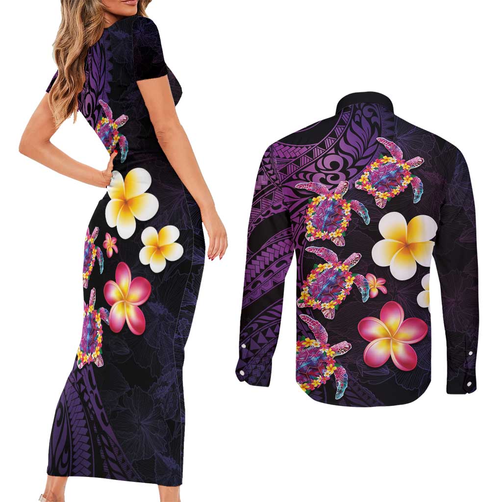Hawaiian Turtles and Plumeria Couples Matching Short Sleeve Bodycon Dress and Long Sleeve Button Shirt Polynesian Art Tribal Tattoo Deep Violet Color LT03 - Polynesian Pride