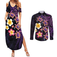 Hawaiian Turtles and Plumeria Couples Matching Summer Maxi Dress and Long Sleeve Button Shirt Polynesian Art Tribal Tattoo Deep Violet Color LT03 Purple - Polynesian Pride