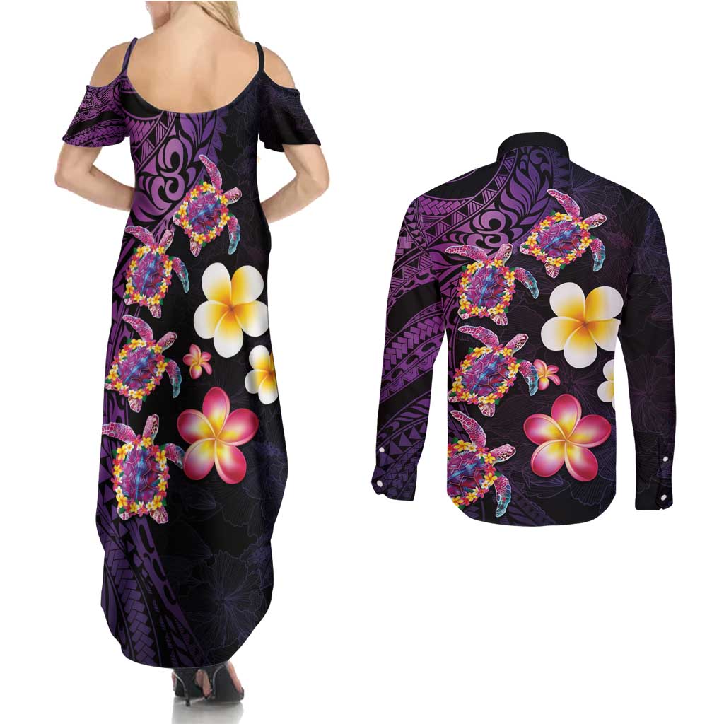 Hawaiian Turtles and Plumeria Couples Matching Summer Maxi Dress and Long Sleeve Button Shirt Polynesian Art Tribal Tattoo Deep Violet Color LT03 - Polynesian Pride