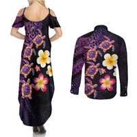Hawaiian Turtles and Plumeria Couples Matching Summer Maxi Dress and Long Sleeve Button Shirt Polynesian Art Tribal Tattoo Deep Violet Color LT03 - Polynesian Pride