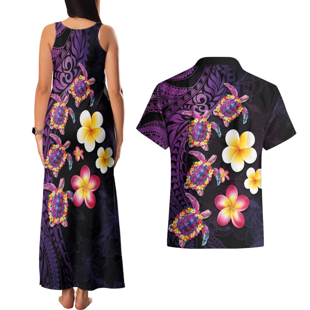 Hawaiian Turtles and Plumeria Couples Matching Tank Maxi Dress and Hawaiian Shirt Polynesian Art Tribal Tattoo Deep Violet Color LT03 - Polynesian Pride