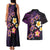 Hawaiian Turtles and Plumeria Couples Matching Tank Maxi Dress and Hawaiian Shirt Polynesian Art Tribal Tattoo Deep Violet Color