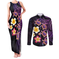 Hawaiian Turtles and Plumeria Couples Matching Tank Maxi Dress and Long Sleeve Button Shirt Polynesian Art Tribal Tattoo Deep Violet Color LT03 Purple - Polynesian Pride