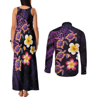 Hawaiian Turtles and Plumeria Couples Matching Tank Maxi Dress and Long Sleeve Button Shirt Polynesian Art Tribal Tattoo Deep Violet Color LT03 - Polynesian Pride