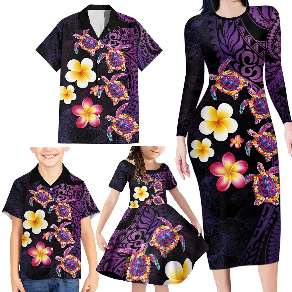 Hawaiian Turtles and Plumeria Family Matching Long Sleeve Bodycon Dress and Hawaiian Shirt Polynesian Art Tribal Tattoo Deep Violet Color LT03 - Polynesian Pride