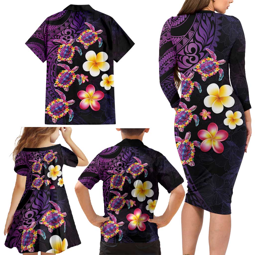 Hawaiian Turtles and Plumeria Family Matching Long Sleeve Bodycon Dress and Hawaiian Shirt Polynesian Art Tribal Tattoo Deep Violet Color LT03 - Polynesian Pride