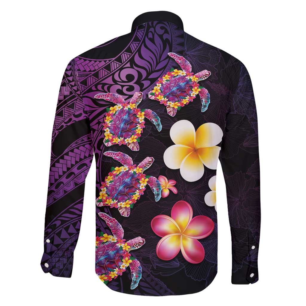 Hawaiian Turtles and Plumeria Family Matching Long Sleeve Bodycon Dress and Hawaiian Shirt Polynesian Art Tribal Tattoo Deep Violet Color LT03 - Polynesian Pride