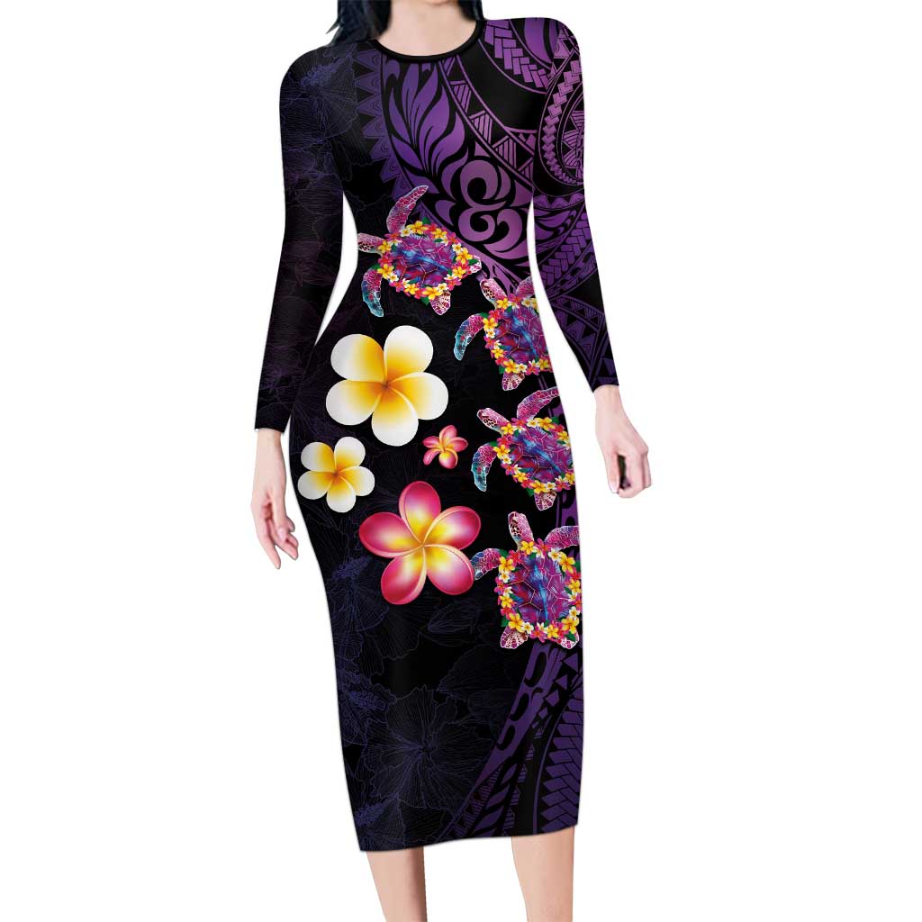 Hawaiian Turtles and Plumeria Family Matching Long Sleeve Bodycon Dress and Hawaiian Shirt Polynesian Art Tribal Tattoo Deep Violet Color LT03 Mom's Dress Purple - Polynesian Pride