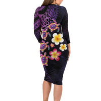 Hawaiian Turtles and Plumeria Family Matching Long Sleeve Bodycon Dress and Hawaiian Shirt Polynesian Art Tribal Tattoo Deep Violet Color LT03 - Polynesian Pride