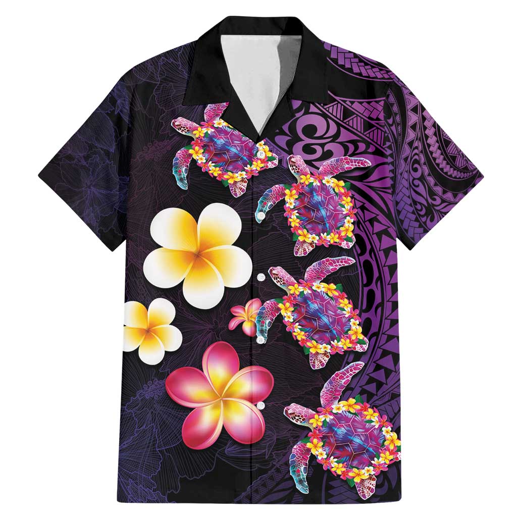 Hawaiian Turtles and Plumeria Family Matching Mermaid Dress and Hawaiian Shirt Polynesian Art Tribal Tattoo Deep Violet Color LT03 Dad's Shirt - Short Sleeve Purple - Polynesian Pride