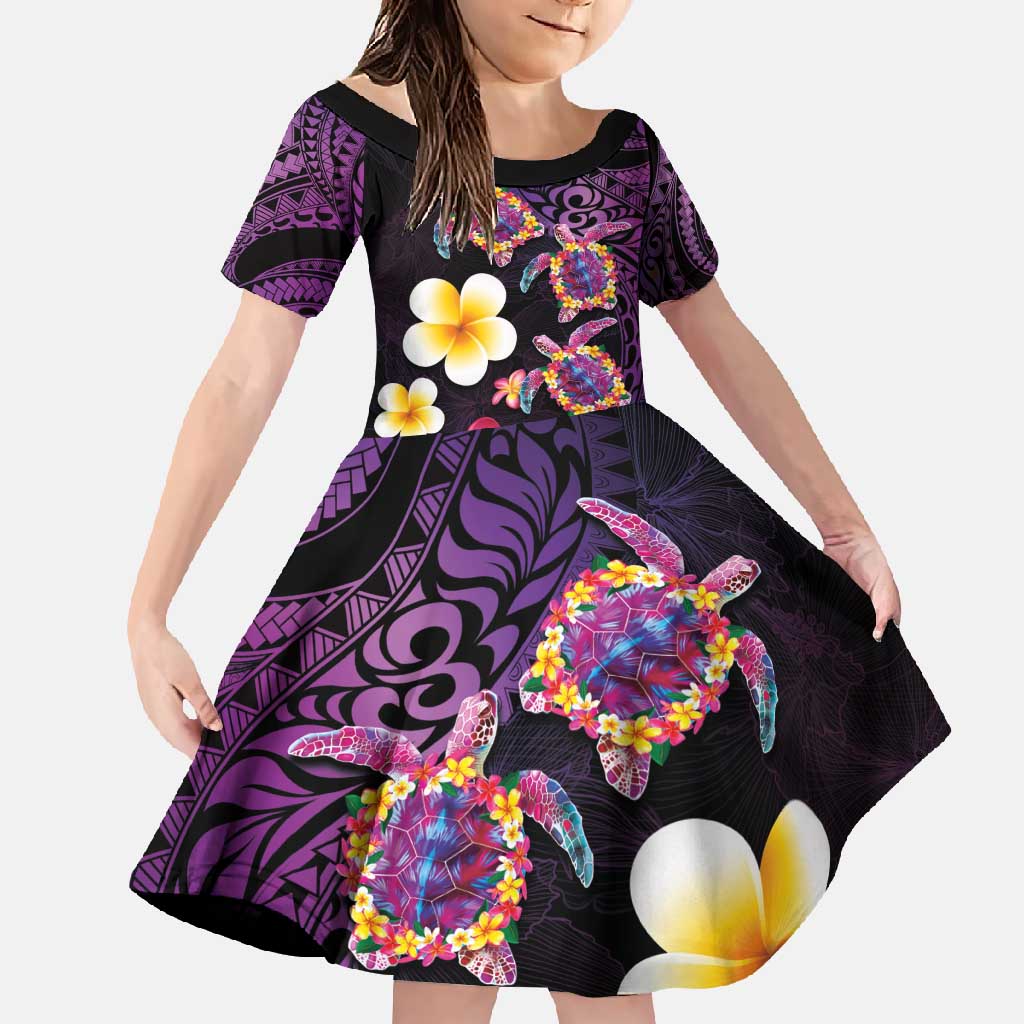 Hawaiian Turtles and Plumeria Family Matching Off Shoulder Maxi Dress and Hawaiian Shirt Polynesian Art Tribal Tattoo Deep Violet Color LT03 Daughter's Dress Purple - Polynesian Pride