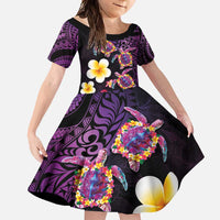 Hawaiian Turtles and Plumeria Family Matching Off Shoulder Maxi Dress and Hawaiian Shirt Polynesian Art Tribal Tattoo Deep Violet Color LT03 Daughter's Dress Purple - Polynesian Pride