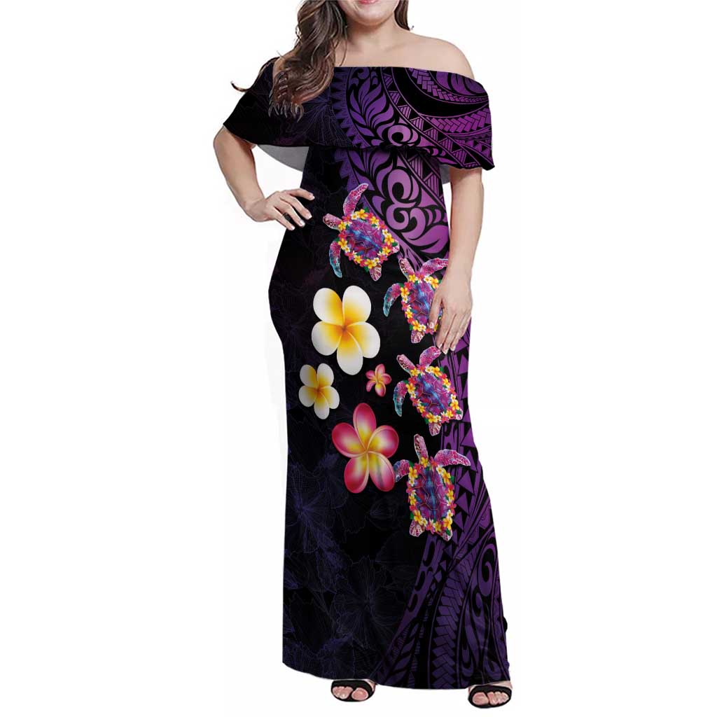 Hawaiian Turtles and Plumeria Family Matching Off Shoulder Maxi Dress and Hawaiian Shirt Polynesian Art Tribal Tattoo Deep Violet Color LT03 Mom's Dress Purple - Polynesian Pride