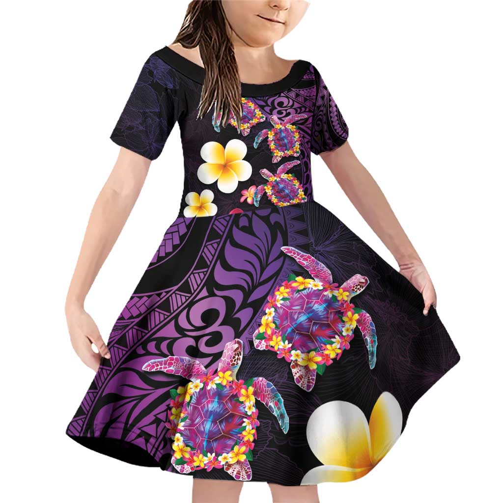 Hawaiian Turtles and Plumeria Family Matching Off Shoulder Short Dress and Hawaiian Shirt Polynesian Art Tribal Tattoo Deep Violet Color LT03 Daughter's Dress Purple - Polynesian Pride