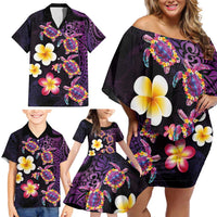 Hawaiian Turtles and Plumeria Family Matching Off Shoulder Short Dress and Hawaiian Shirt Polynesian Art Tribal Tattoo Deep Violet Color LT03 - Polynesian Pride