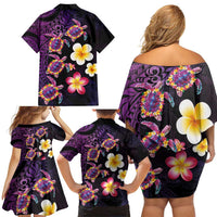 Hawaiian Turtles and Plumeria Family Matching Off Shoulder Short Dress and Hawaiian Shirt Polynesian Art Tribal Tattoo Deep Violet Color LT03 - Polynesian Pride