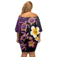 Hawaiian Turtles and Plumeria Family Matching Off Shoulder Short Dress and Hawaiian Shirt Polynesian Art Tribal Tattoo Deep Violet Color LT03 - Polynesian Pride