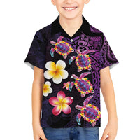 Hawaiian Turtles and Plumeria Family Matching Off Shoulder Short Dress and Hawaiian Shirt Polynesian Art Tribal Tattoo Deep Violet Color LT03 Son's Shirt Purple - Polynesian Pride