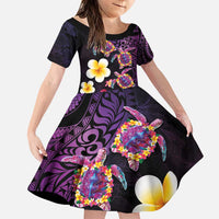 Hawaiian Turtles and Plumeria Family Matching Puletasi and Hawaiian Shirt Polynesian Art Tribal Tattoo Deep Violet Color LT03 Daughter's Dress Purple - Polynesian Pride
