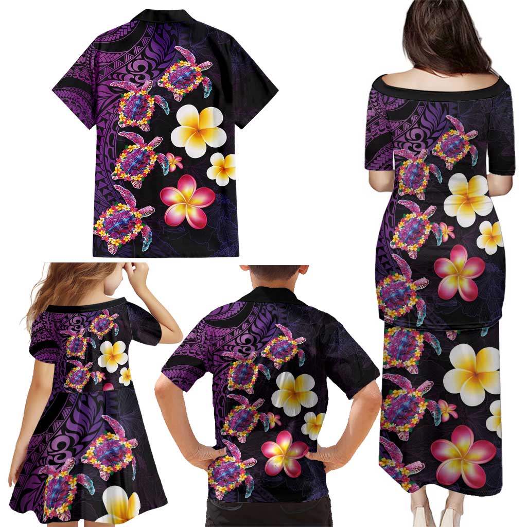 Hawaiian Turtles and Plumeria Family Matching Puletasi and Hawaiian Shirt Polynesian Art Tribal Tattoo Deep Violet Color LT03 - Polynesian Pride