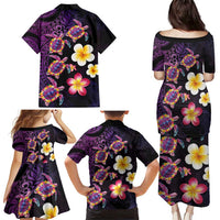 Hawaiian Turtles and Plumeria Family Matching Puletasi and Hawaiian Shirt Polynesian Art Tribal Tattoo Deep Violet Color LT03 - Polynesian Pride