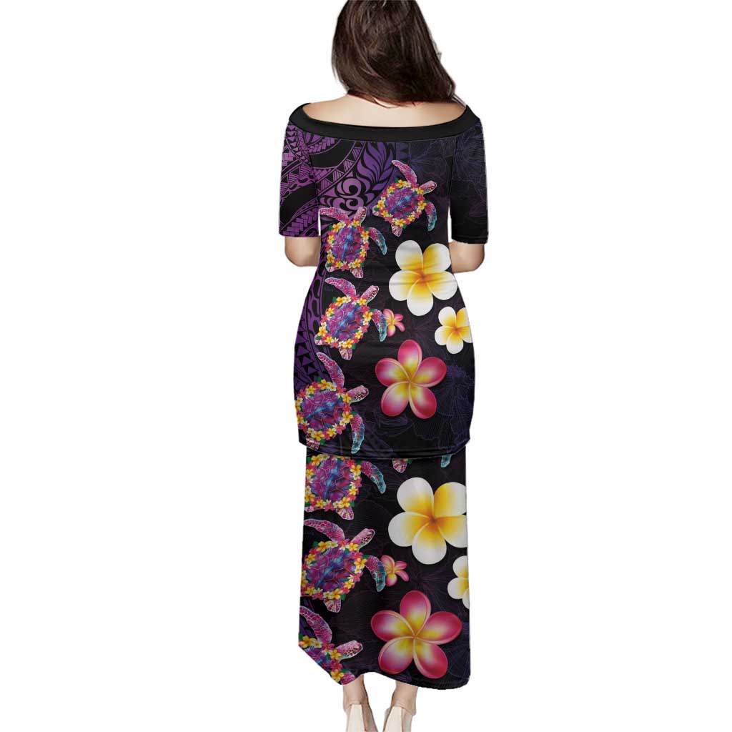 Hawaiian Turtles and Plumeria Family Matching Puletasi and Hawaiian Shirt Polynesian Art Tribal Tattoo Deep Violet Color LT03 - Polynesian Pride