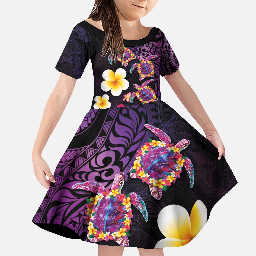 Hawaiian Turtles and Plumeria Family Matching Short Sleeve Bodycon Dress and Hawaiian Shirt Polynesian Art Tribal Tattoo Deep Violet Color LT03 Daughter's Dress Purple - Polynesian Pride