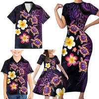 Hawaiian Turtles and Plumeria Family Matching Short Sleeve Bodycon Dress and Hawaiian Shirt Polynesian Art Tribal Tattoo Deep Violet Color LT03 - Polynesian Pride