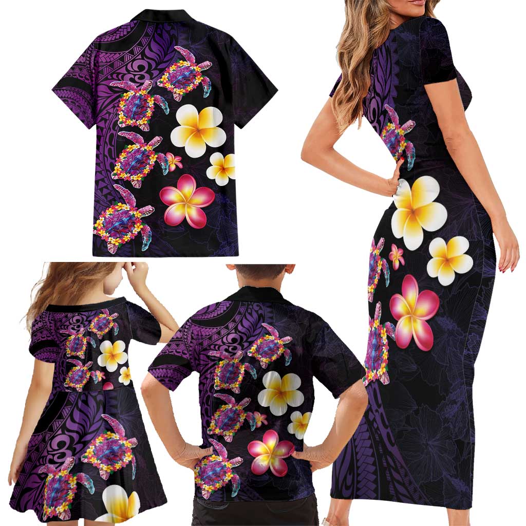 Hawaiian Turtles and Plumeria Family Matching Short Sleeve Bodycon Dress and Hawaiian Shirt Polynesian Art Tribal Tattoo Deep Violet Color LT03 - Polynesian Pride