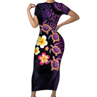 Hawaiian Turtles and Plumeria Family Matching Short Sleeve Bodycon Dress and Hawaiian Shirt Polynesian Art Tribal Tattoo Deep Violet Color LT03 Mom's Dress Purple - Polynesian Pride